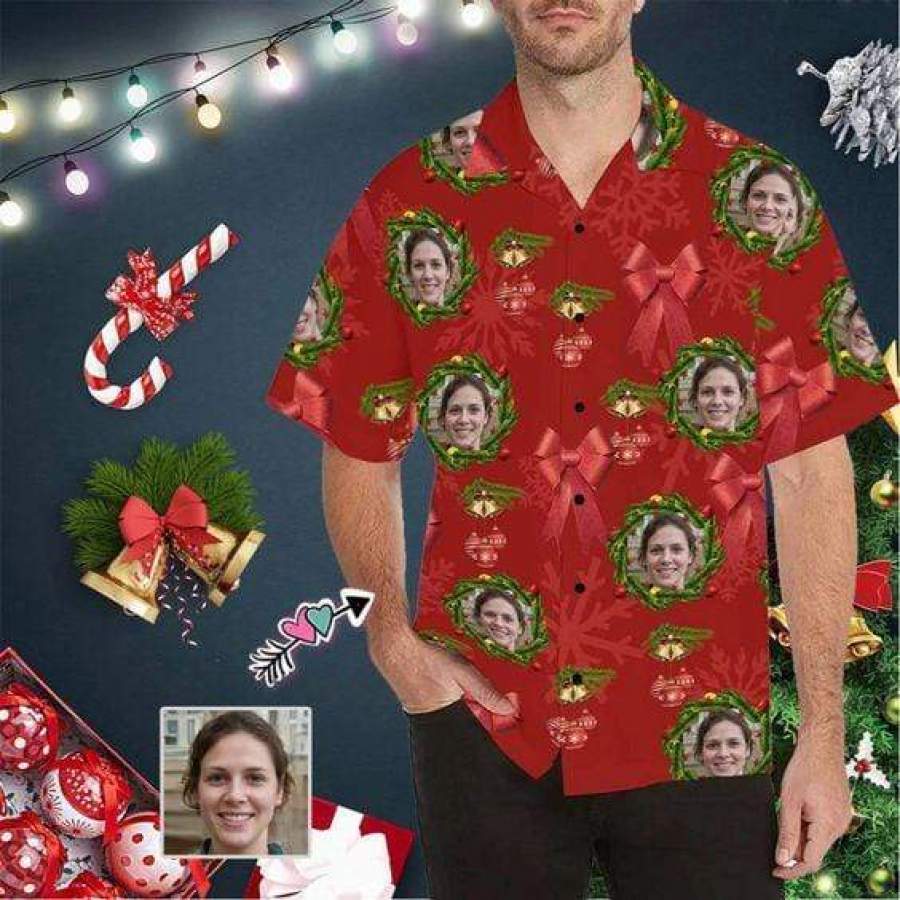 Custom Hawaiian Aloha Shirts Christmas Red Garland With Photo