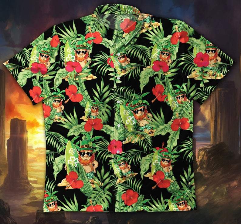 Irish Leprechaun with flower Happy St. Patrick's Day Hawaiian Aloha Shirts #V