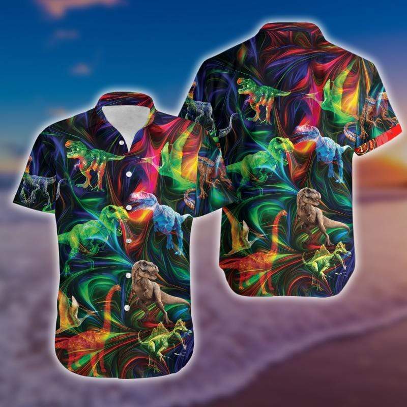 Amazing Colorful T-rex Dinosaur Glowing Hawaiian Aloha Shirts