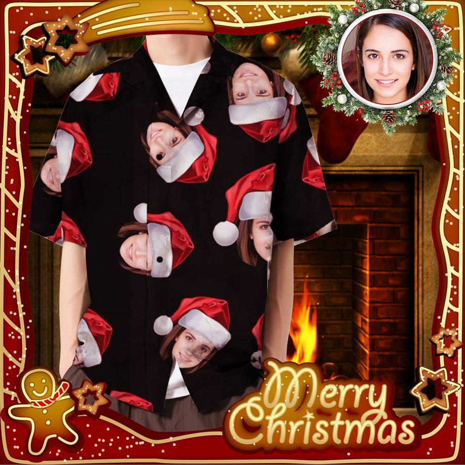 Custom Face On Santa Head Black Hawaiian Aloha Shirts