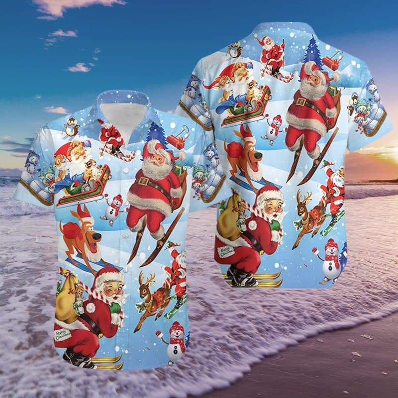 Funny Santa Claus Skiing Hawaiian Aloha Shirts #211L