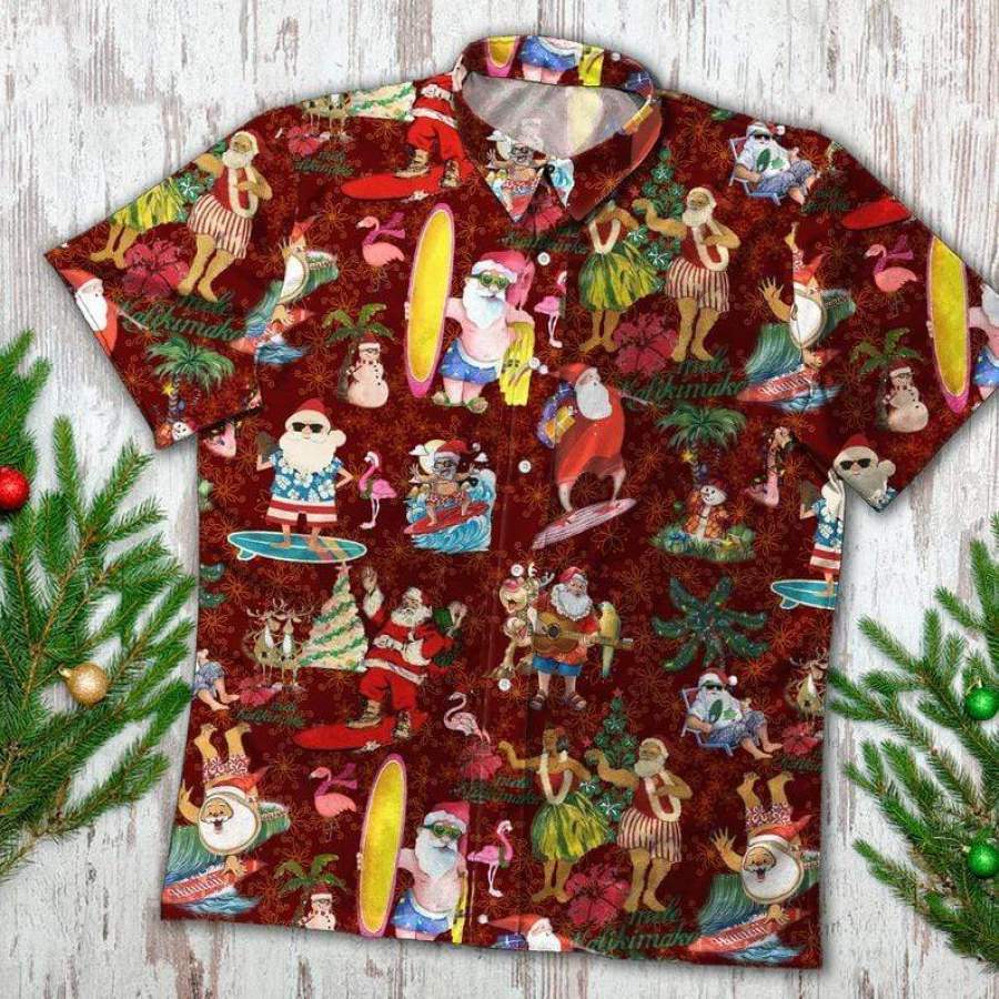 Funny Santa Claws Surfing &amp;amp; Flamingo Christmas Hawaiian Aloha Shirts #V