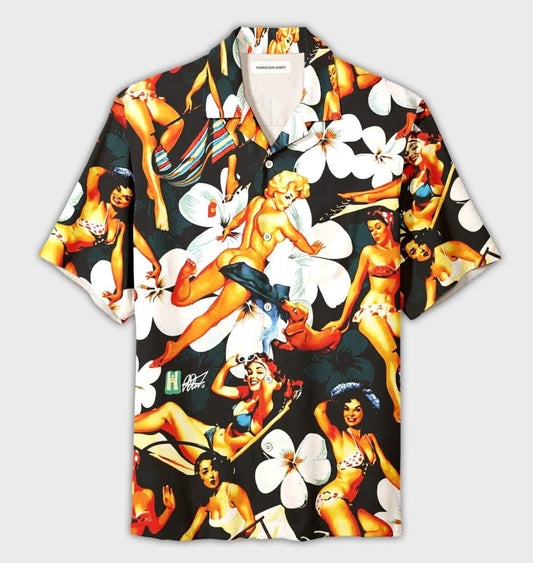 Sexy Girls Retro Orange Tropical Hawaiian Aloha Shirts #DH