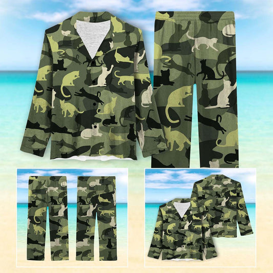 Cat Lover Camo Hawaiian Long Silk Pajamas Set #Dh