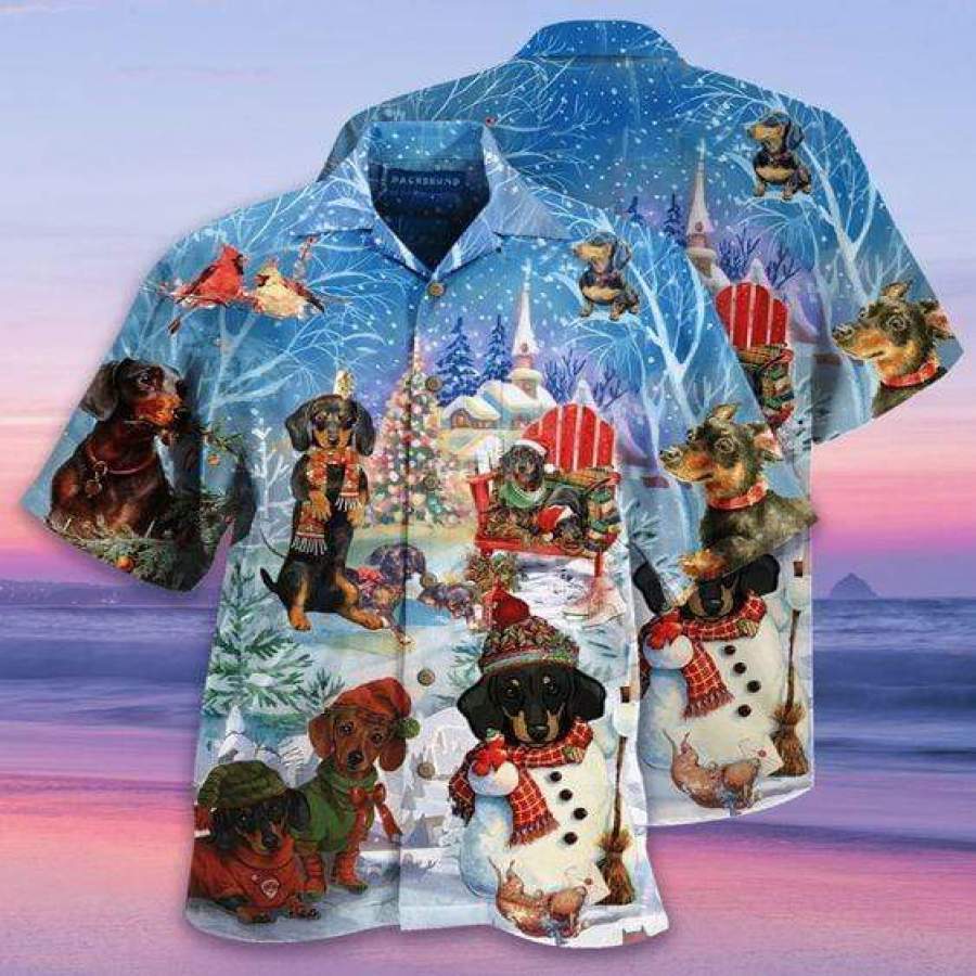 Hawaiian Aloha Shirts Dachshund Through The Snow Christmas