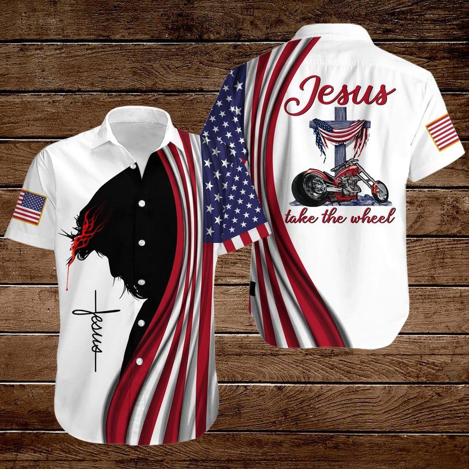 Jesus Take The Wheel American Flag Christian Cross Hawaiian Shirts