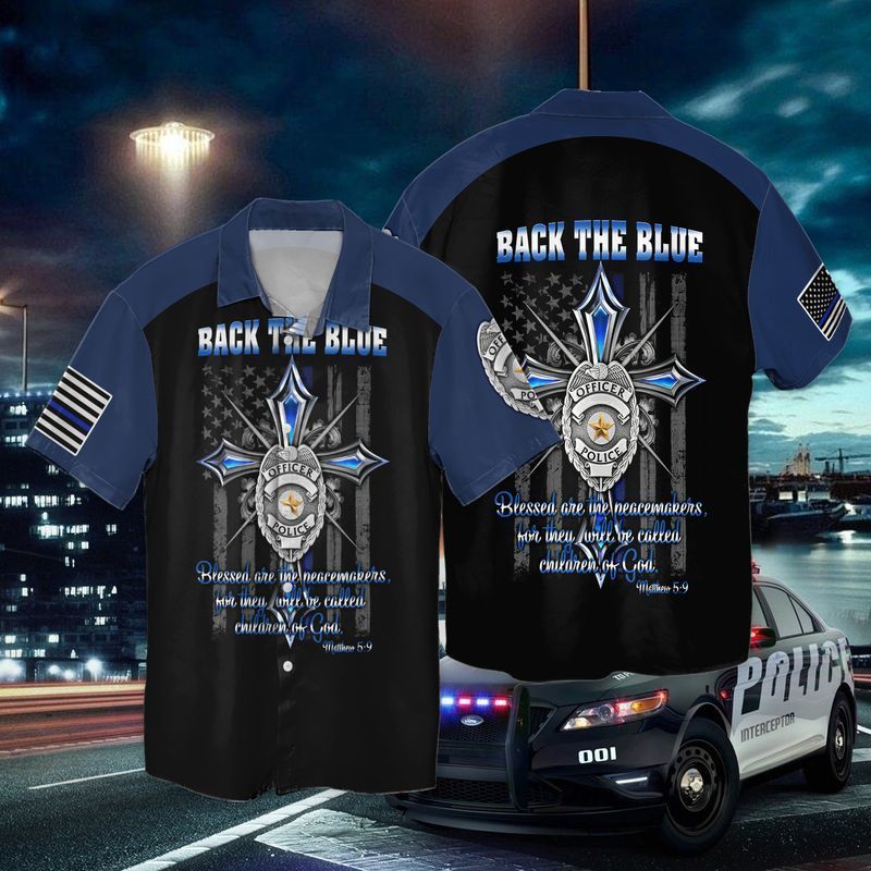 Back The Blue Officer Police Blessed Are Me Peacemakers For Then Until Be Called Children Of God Graphic Print Short Sleeve 