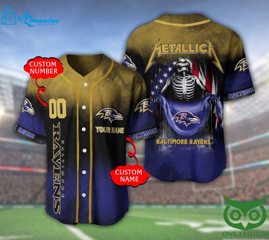 Baltimore Ravens 3D Personalized Gift, Custom Name Number Metallica Baseball Jersey