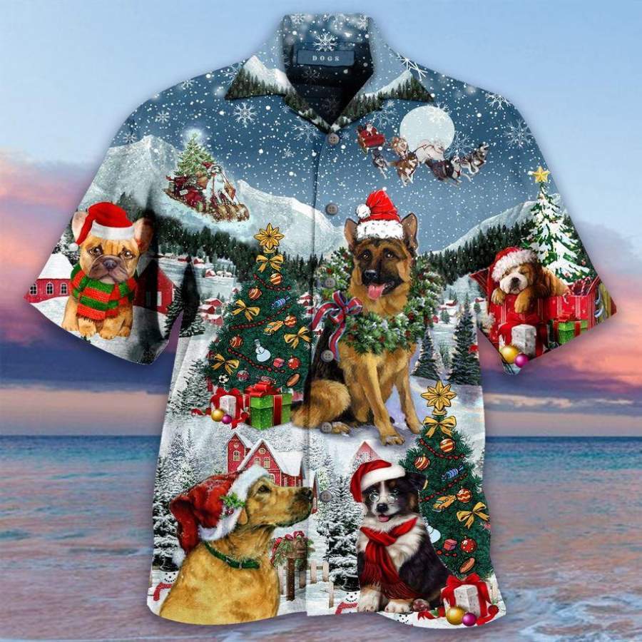 Lovely Dogs Under Christmas Snowy Hawaiian Aloha Shirts