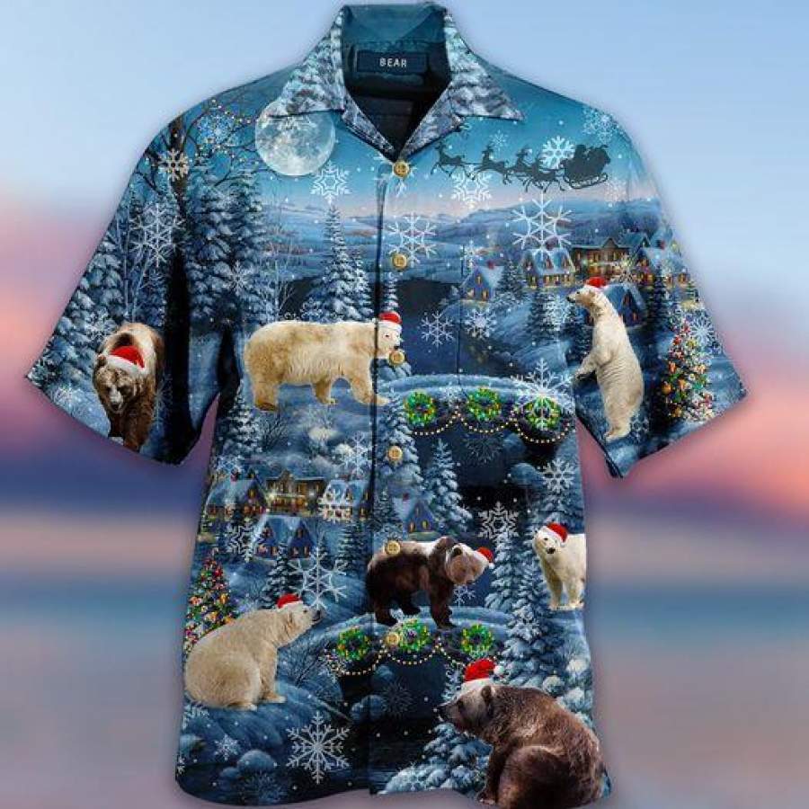 Amazing Bear With Christmas Blue Hawaiian Shirts