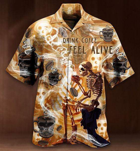 Halloween Skull Drink Coffee Feel Alive Hawaiian Aloha Shirts #DH