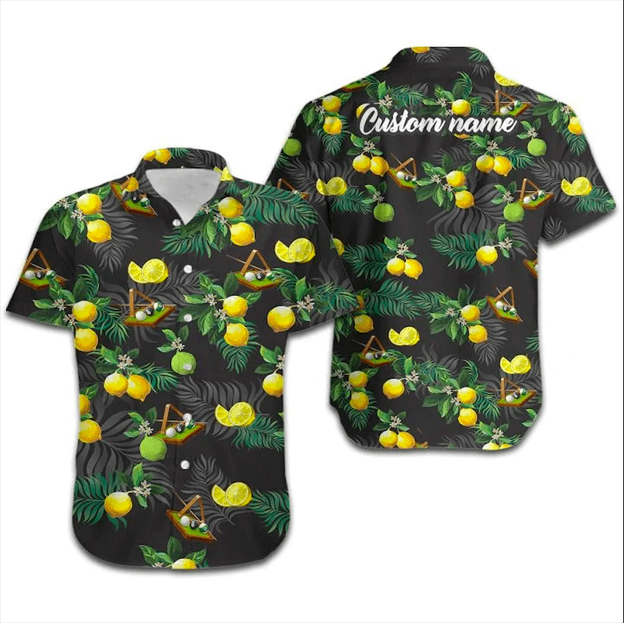 Custom Name Billiard Lemon Tropical Black Hawaiian Aloha Shirts