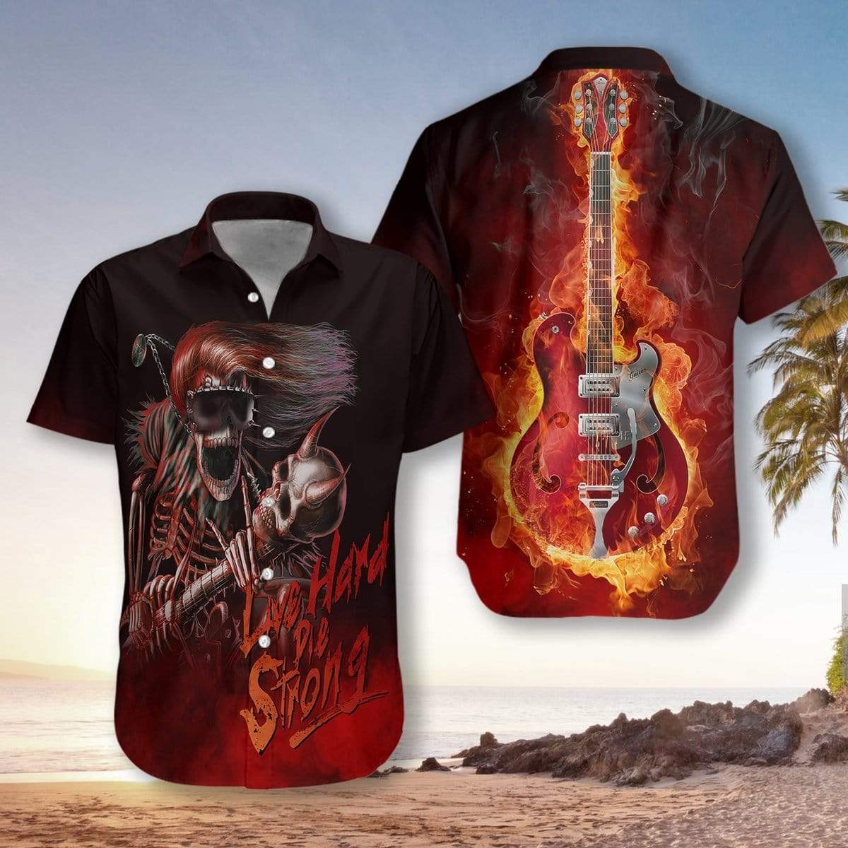 Live Hard Die Strong Skull Guitar Hawaiian Aloha Shirts #V