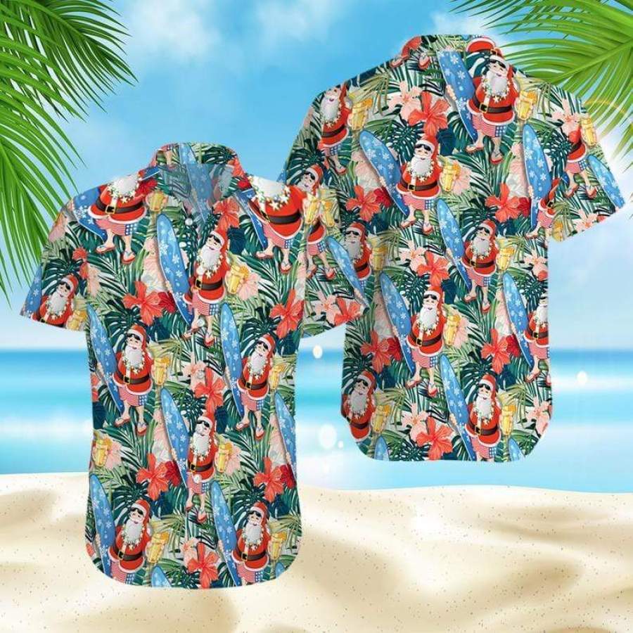 Christmas Santa Claus Surfing Funny Hawaiian Aloha Shirts #V