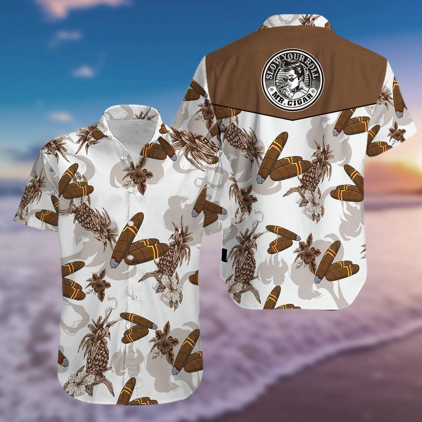 Mr Cigar Brown White Aloha Hawaiian Shirts #2701kv