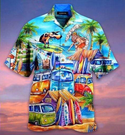 Hawaiian Aloha Shirts Cow Surfing Summer Time