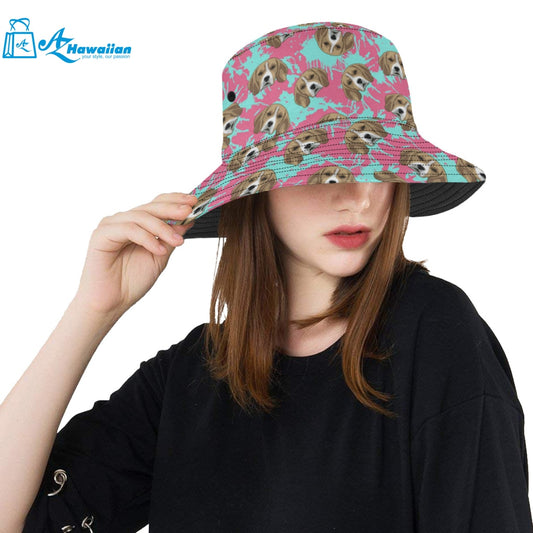 Beagle muzzles turquoise paint splashes pink patte Unisex Bucket Hat