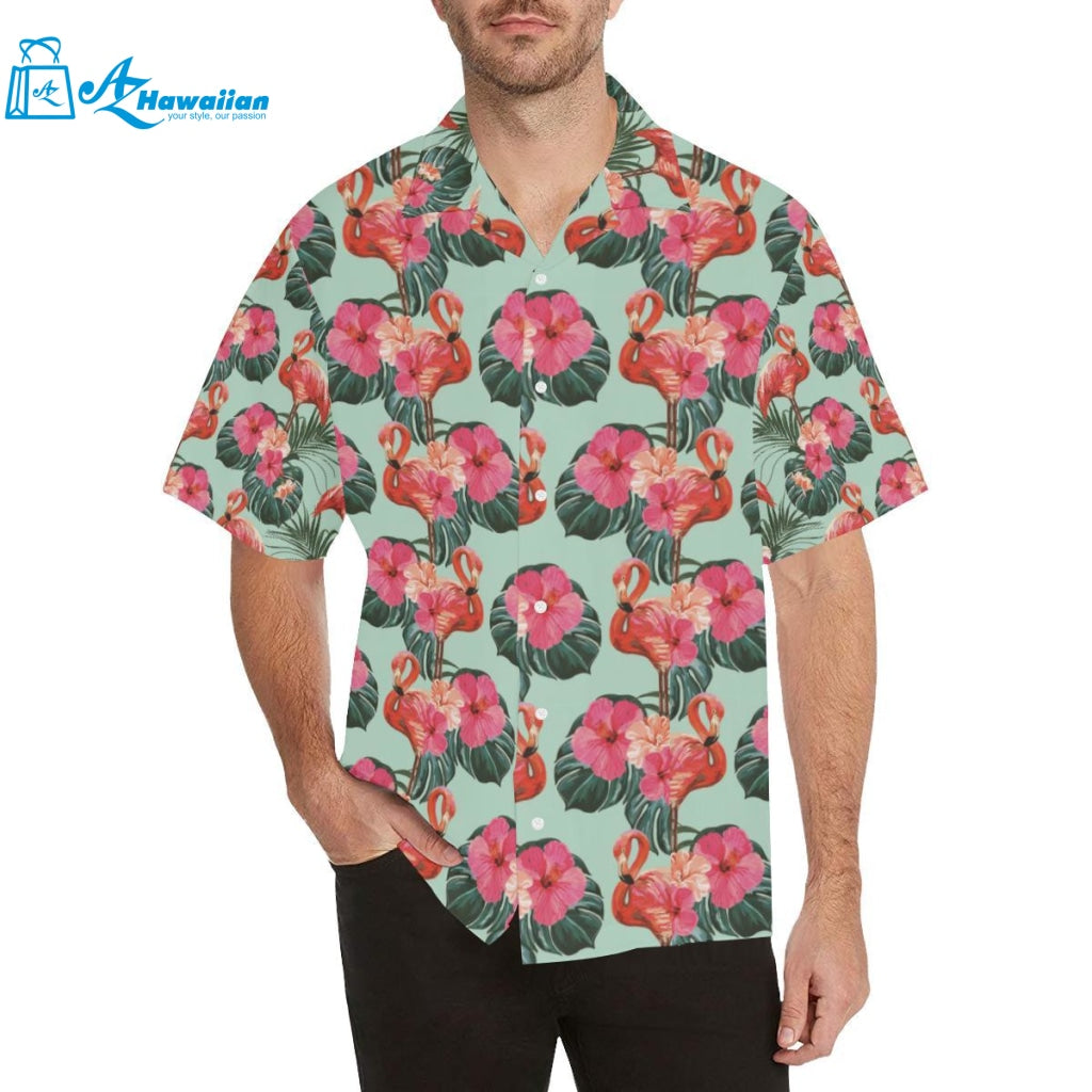 Beautiful Flamingo Tropical Palm Leaves Hibiscus P Mens All Over Print Hawaiian Shirt