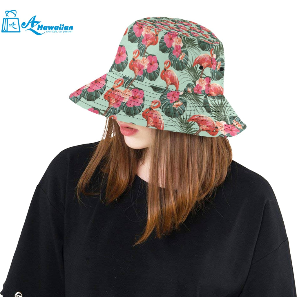 Beautiful flamingo tropical palm leaves hibiscus p Unisex Bucket Hat