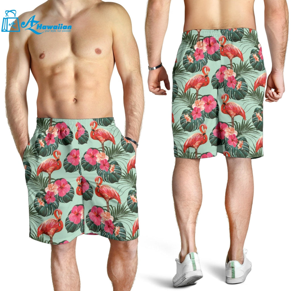 Beautiful Flamingo Tropical Palm Leaves Hibiscus Pateern Background Men Shorts