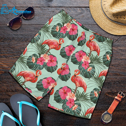 Beautiful Flamingo Tropical Palm Leaves Hibiscus Pateern Background Men Shorts