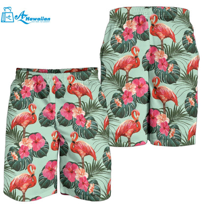 Beautiful Flamingo Tropical Palm Leaves Hibiscus Pateern Background Men Shorts