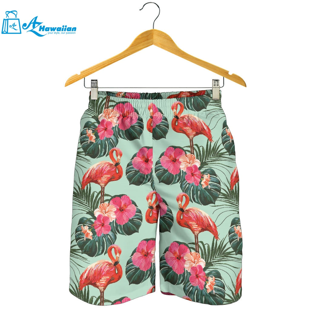 Beautiful Flamingo Tropical Palm Leaves Hibiscus Pateern Background Men Shorts