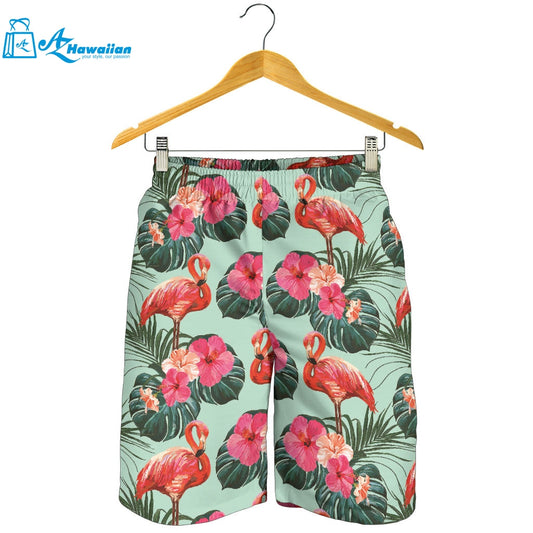 Beautiful Flamingo Tropical Palm Leaves Hibiscus Pateern Background Men Shorts