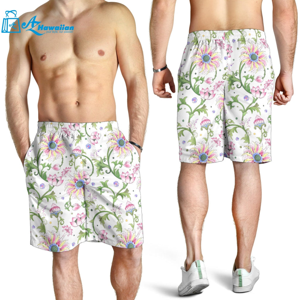 Beautiful Pink Lotus Waterlily Leaves Pattern Men Shorts