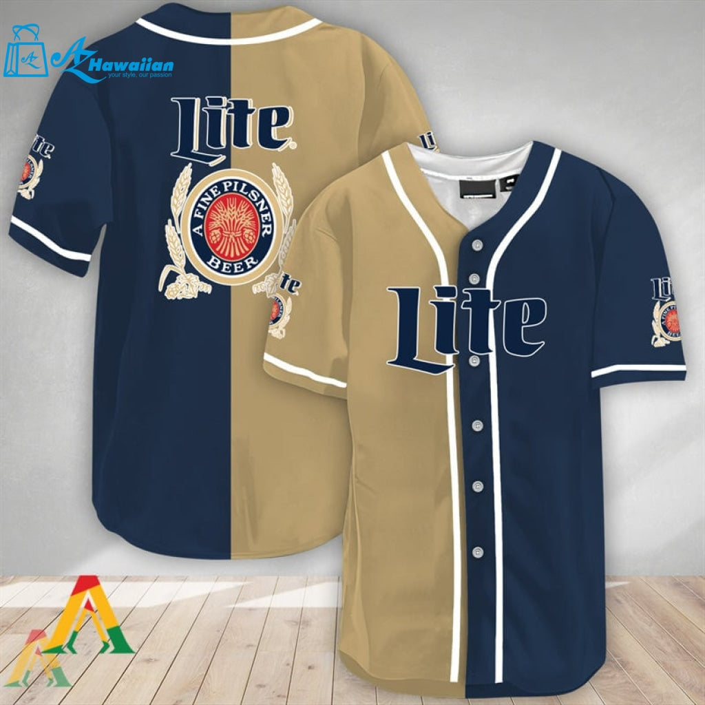 Beige And Navi Split Miller Lite Baseball Jersey