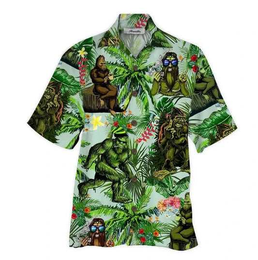 Bigfoot Hawaiian V Graphic Print Short Sleeve Hawaiian Shirt