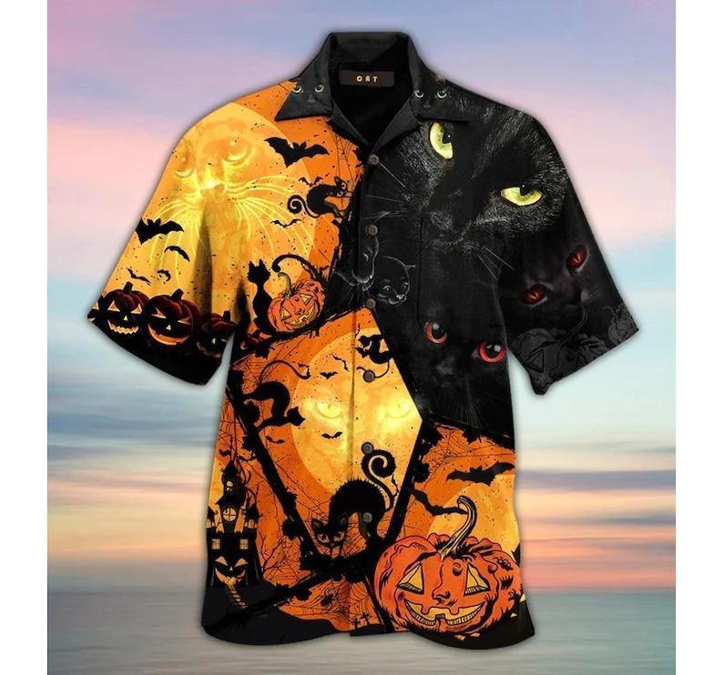 Black Cat Halloween Unisex Hawaiian Shirt Shirts | Unique Beach