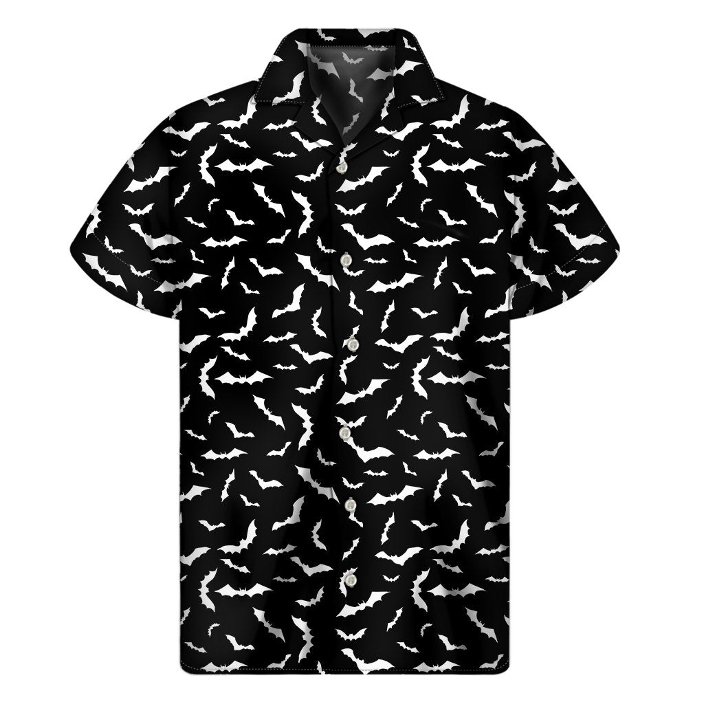 Black And White Halloween Bat Print Mens Short Sleeve Shirt Hawaiian