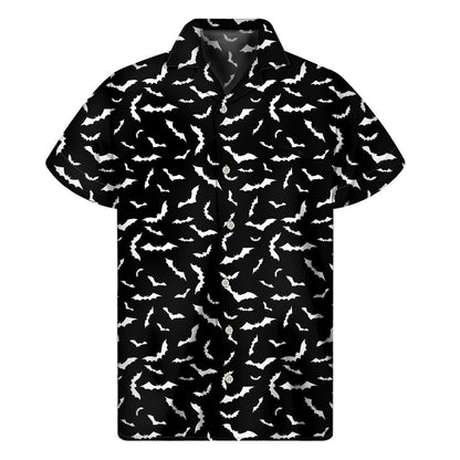 Black And White Halloween Bat Print Mens Short Sleeve Shirt Hawaiian