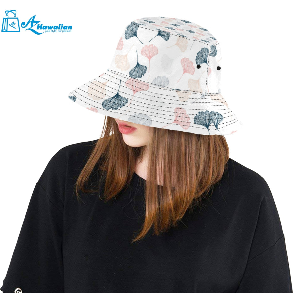 Black Gray Cream coral ginkgo leaves pattern Unisex Bucket Hat