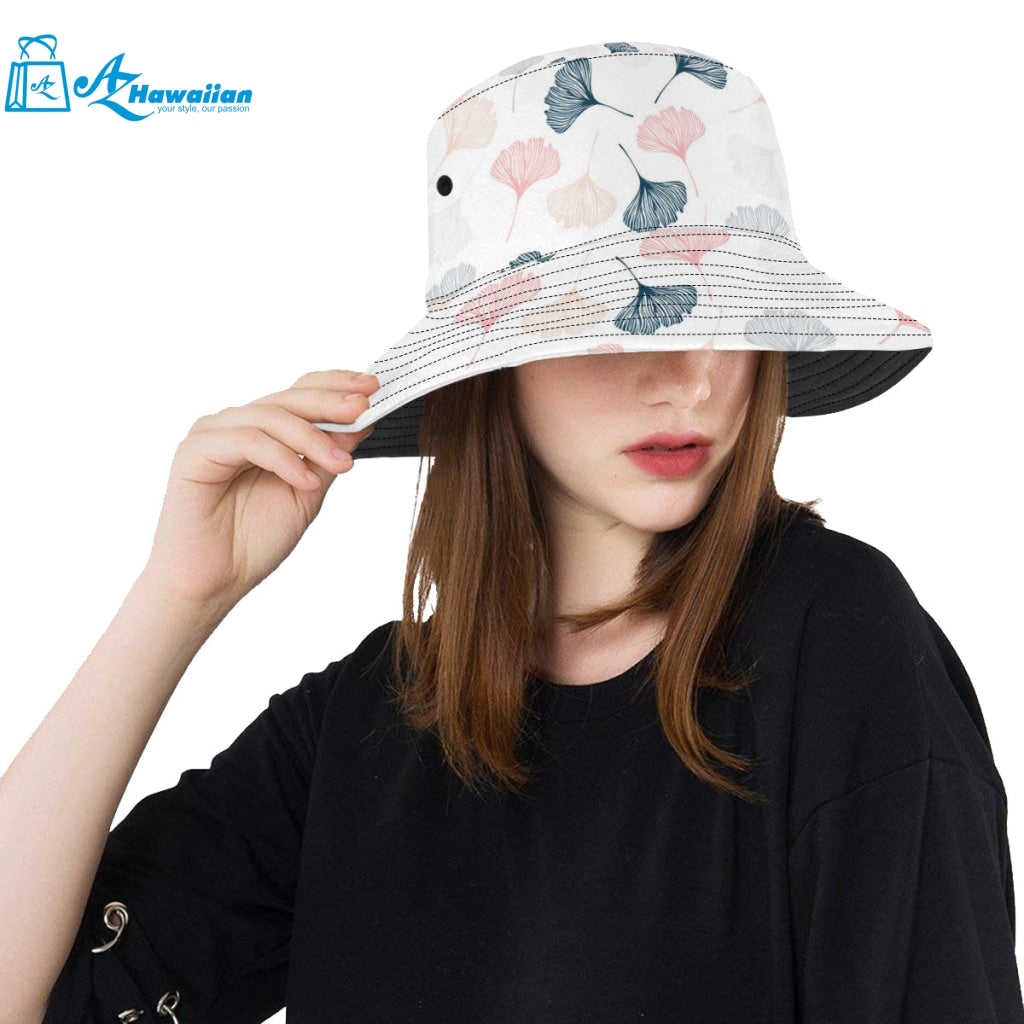 Black Gray Cream coral ginkgo leaves pattern Unisex Bucket Hat