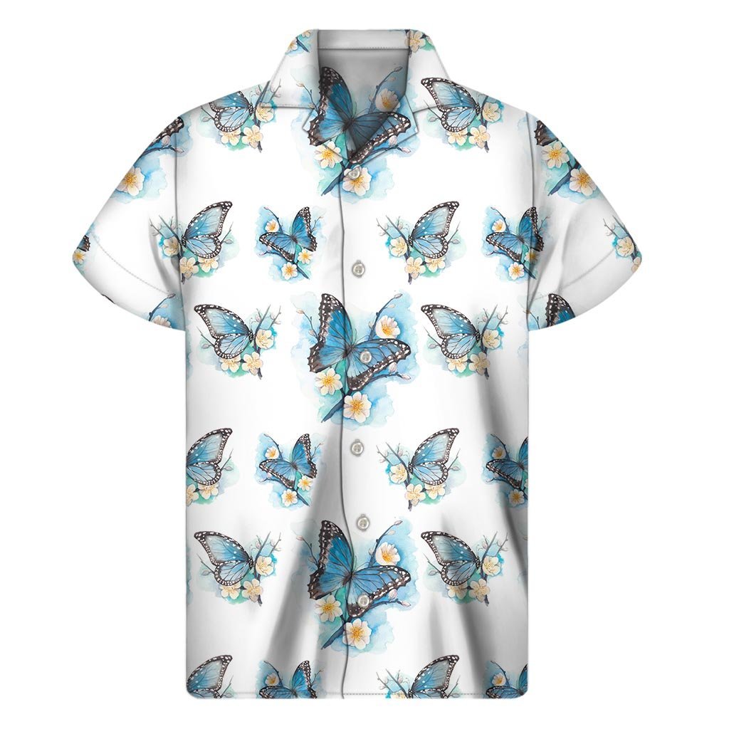 Blossom Blue Butterfly Pattern Print Mens Short Sleeve Shirt Hawaiian