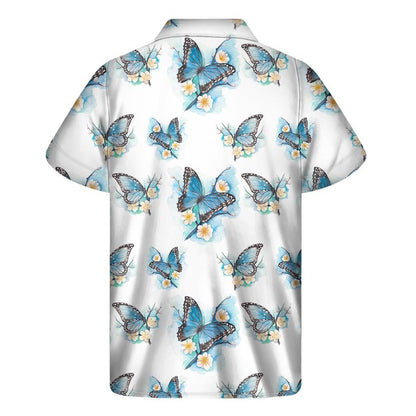 Blossom Blue Butterfly Pattern Print Mens Short Sleeve Shirt Hawaiian