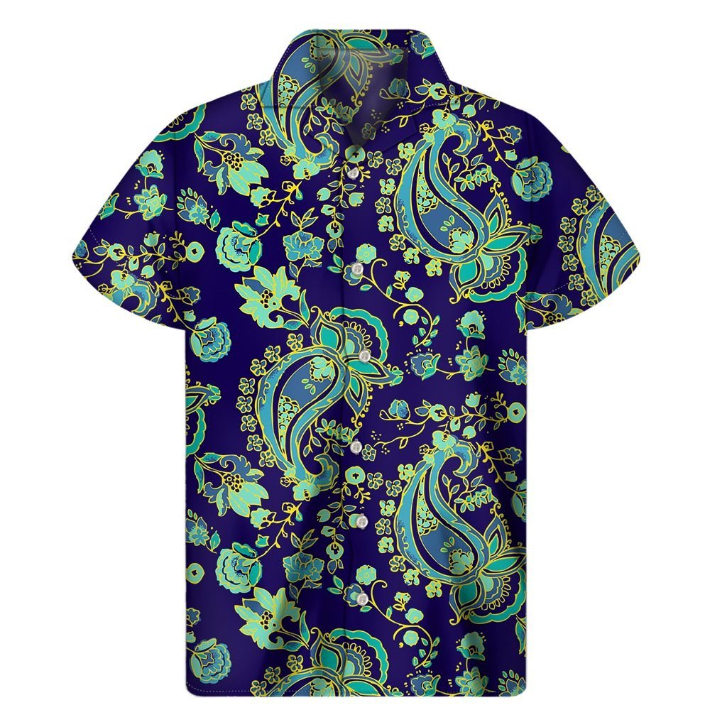 Blue Bohemian Paisley Pattern Print Mens Short Sleeve Shirt Hawaiian