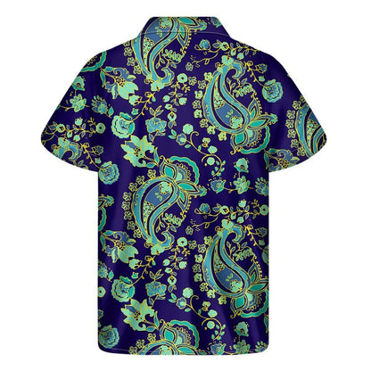 Blue Bohemian Paisley Pattern Print Mens Short Sleeve Shirt Hawaiian