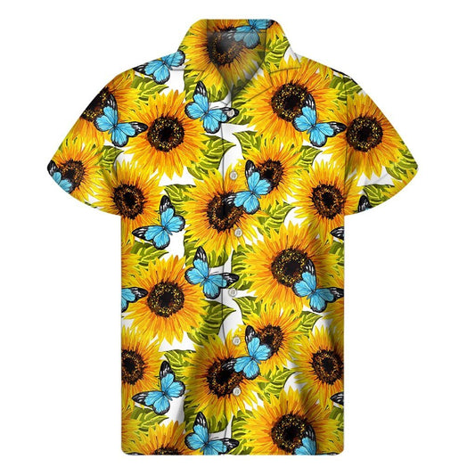 Blue Butterfly Sunflower Pattern Print Mens Short Sleeve Shirt Hawaiian