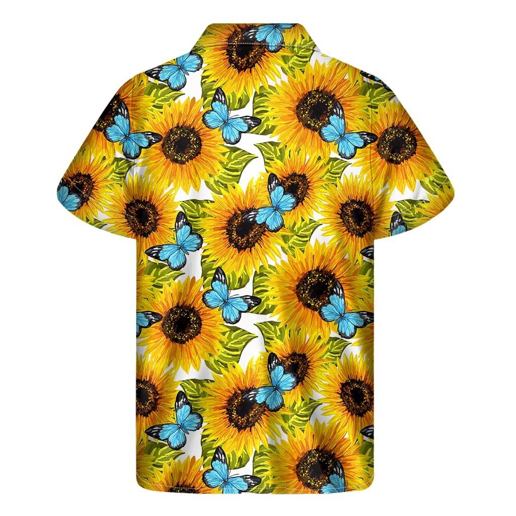 Blue Butterfly Sunflower Pattern Print Mens Short Sleeve Shirt Hawaiian