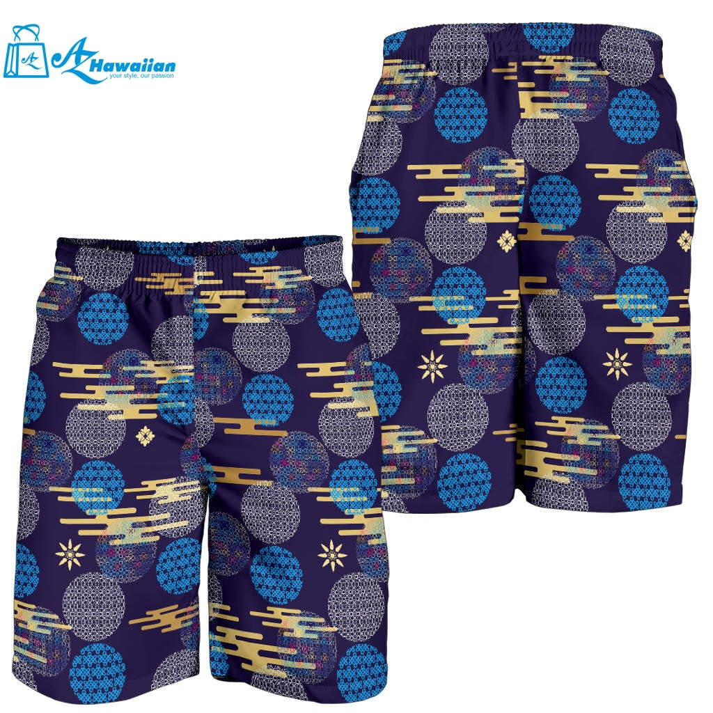 Blue Japanese Pattern Cloud Wave Flower Men Shorts