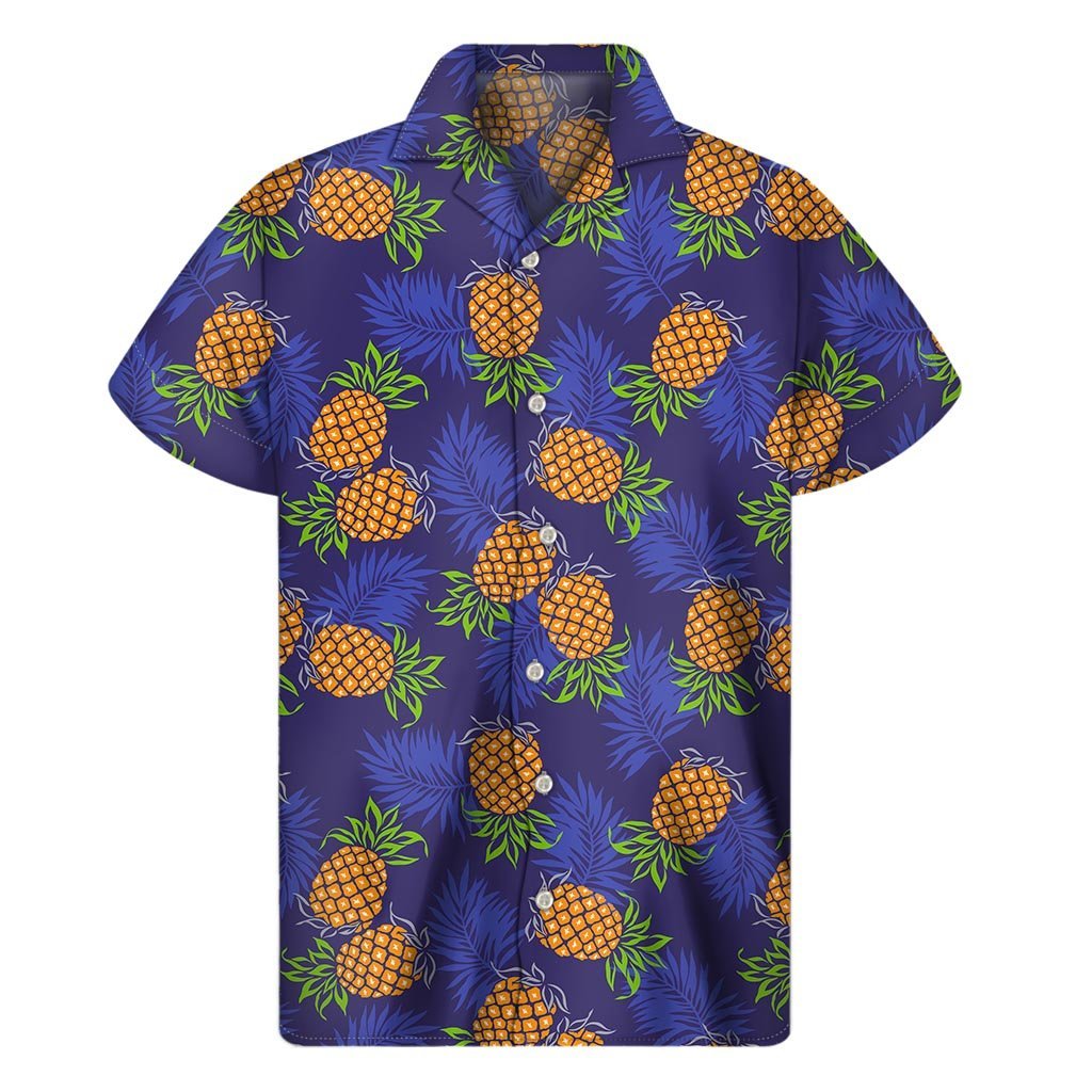Blue Leaf Pineapple Pattern Print Mens Short Sleeve Shirt Hawaiian