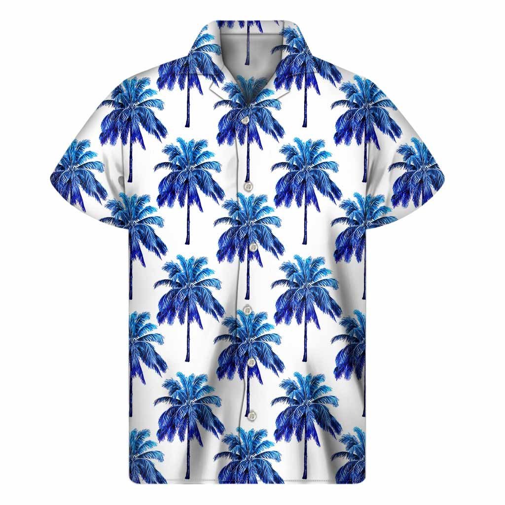 Blue Palm Tree Pattern Print Mens Short Sleeve Shirt Hawaiian