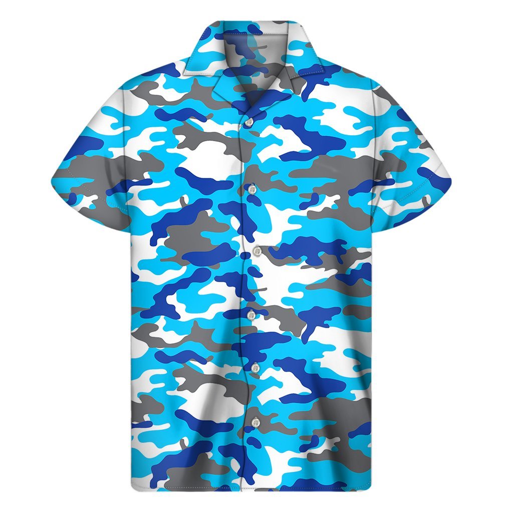 Blue Snow Camouflage Print Mens Short Sleeve Shirt Hawaiian