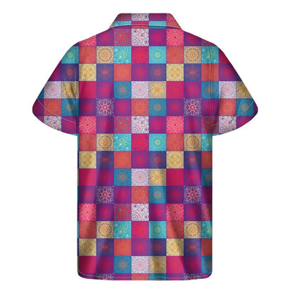 Boho Mandala Patchwork Pattern Print Mens Short Sleeve Shirt Hawaiian