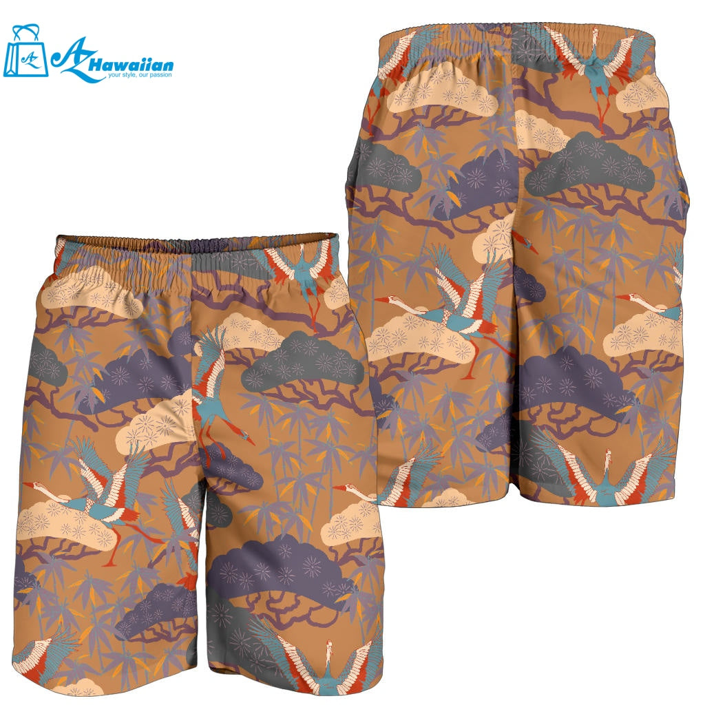 Bonsai Bamboo Stork Japanese Pattern Brown Theme Men Shorts