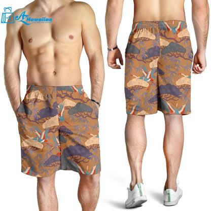 Bonsai Bamboo Stork Japanese Pattern Brown Theme Men Shorts