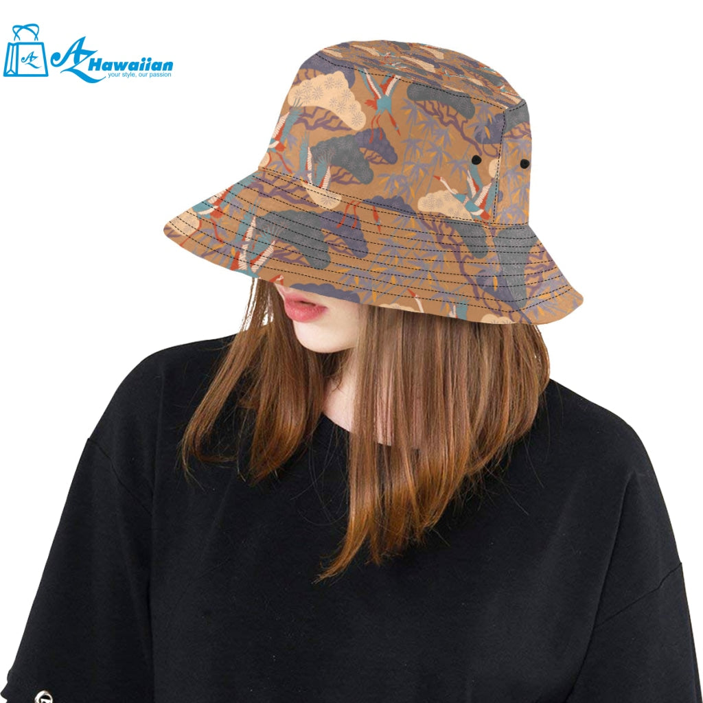 Bonsai bamboo stork japanese pattern brown theme Unisex Bucket Hat